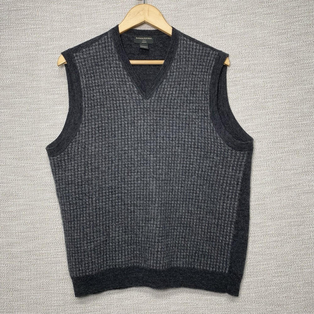 Banana Republic Vest XL (M) Mens Merino Wool V Neck Gray Textured Grandpa Preppy